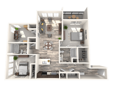 Floor plan for 3 beds, 2 baths, 1262 sqft