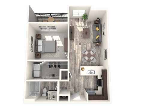 Floor plan for 1 bed, 1 bath, 727 sqft
