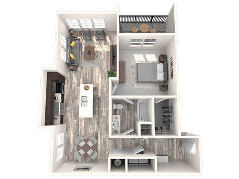 Floor plan for 1 bed, 1 bath, 899 sqft