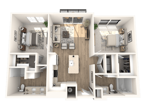 Floor plan for 2 beds, 2 baths, 1127 sqft