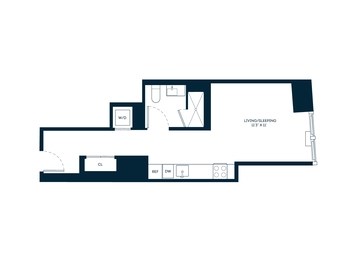 Floor plan for studio, 1 bath, 636 sqft
