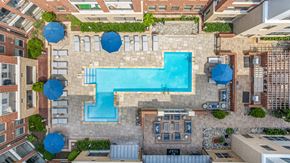 Raleigh apartment for rent - arial view of an apartment complex with a pool