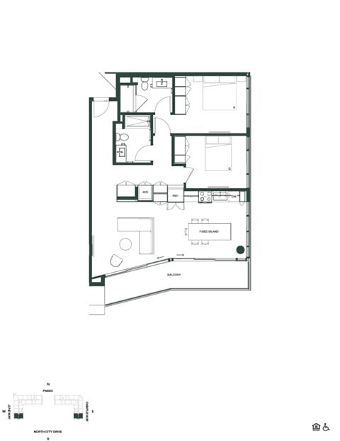 Floor plan for 2 beds, 2 baths, 1037 sqft