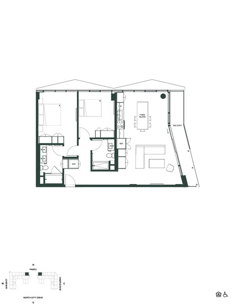 Floor plan for 2 beds, 2 baths, 1099 sqft