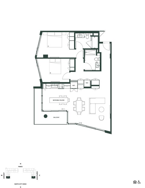 Floor plan for 2 beds, 2 baths, 1021 sqft