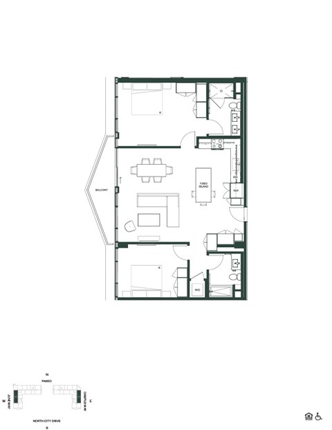 Floor plan for 2 beds, 2 baths, 1169 sqft