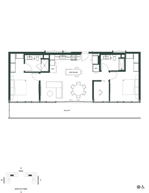 Floor plan for 2 beds, 2 baths, 1086 sqft