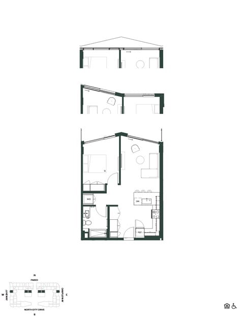 Floor plan for 1 bed, 1 bath, 596 sqft