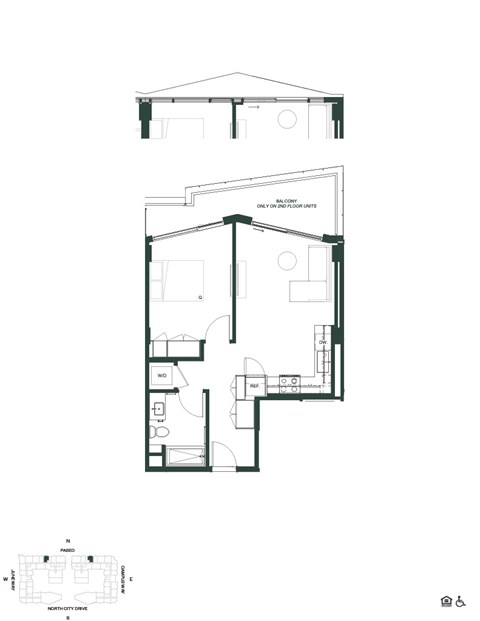 Floor plan for 1 bed, 1 bath, 559 sqft