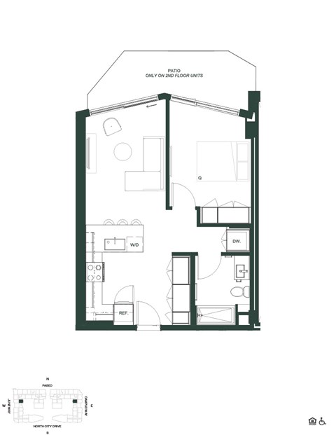 Floor plan for 1 bed, 1 bath, 574 sqft