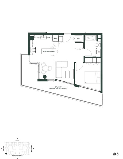 Floor plan for 1 bed, 1 bath, 555 sqft