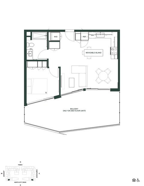 Floor plan for 1 bed, 1 bath, 595 sqft