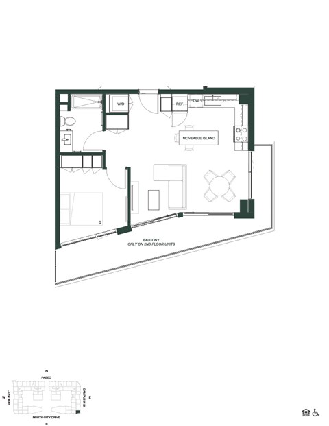 Floor plan for 1 bed, 1 bath, 584 sqft