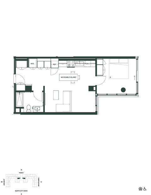 Floor plan for 1 bed, 1 bath, 618 sqft