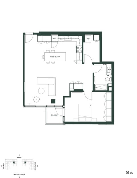 Floor plan for 1 bed, 1 bath, 943 sqft