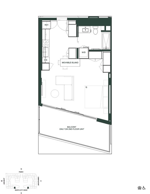 Floor plan for studio, 1 bath, 499 sqft