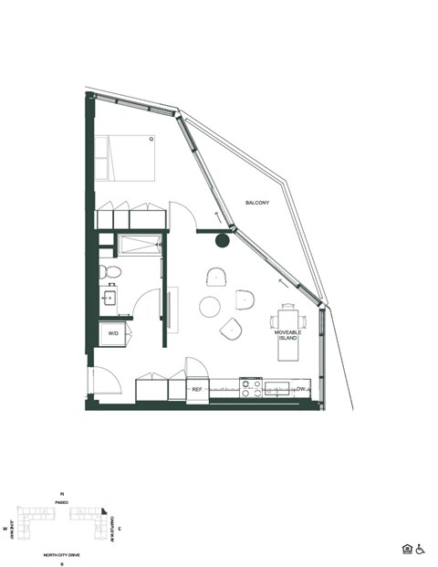 Floor plan for 1 bed, 1 bath, 591 sqft