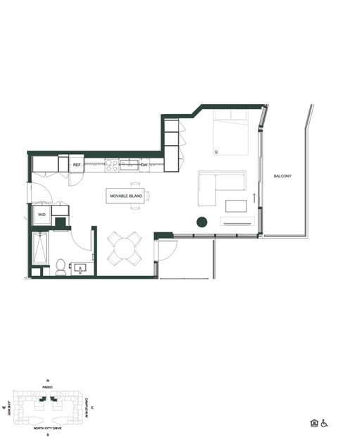 Floor plan for studio, 1 bath, 588 sqft