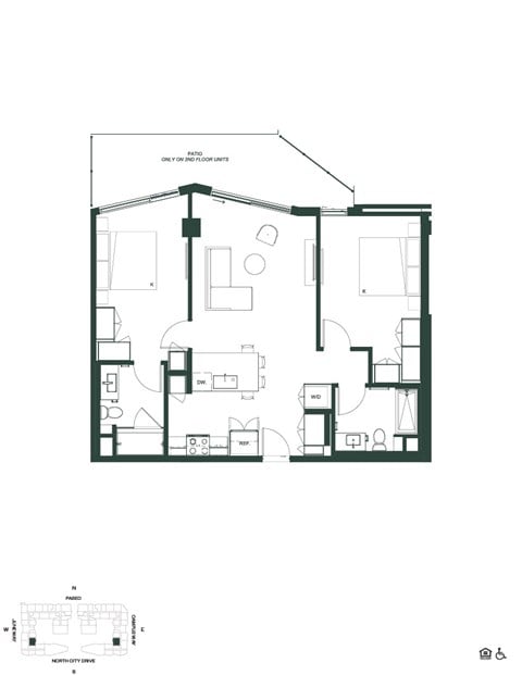Floor plan for 2 beds, 2 baths, 949 sqft