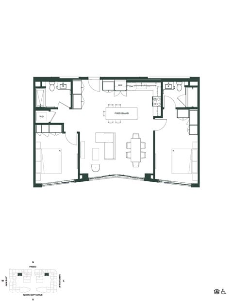 Floor plan for 2 beds, 2 baths, 1064 sqft