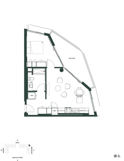 Floor plan for 1 bed, 1 bath, 584 sqft