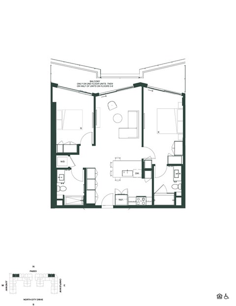 Floor plan for 2 beds, 2 baths, 947 sqft