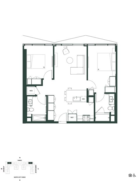 Floor plan for 2 beds, 2 baths, 906 sqft
