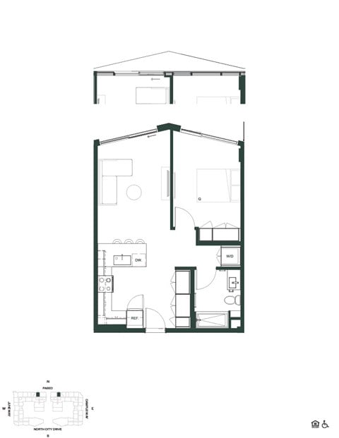 Floor plan for 1 bed, 1 bath, 551 sqft
