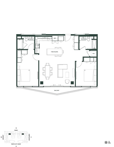 Floor plan for 2 beds, 2 baths, 1118 sqft