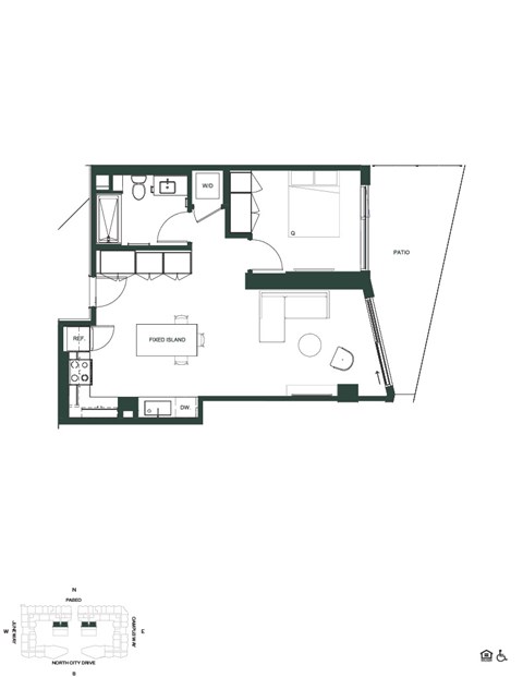 Floor plan for 1 bed, 1 bath, 672 sqft