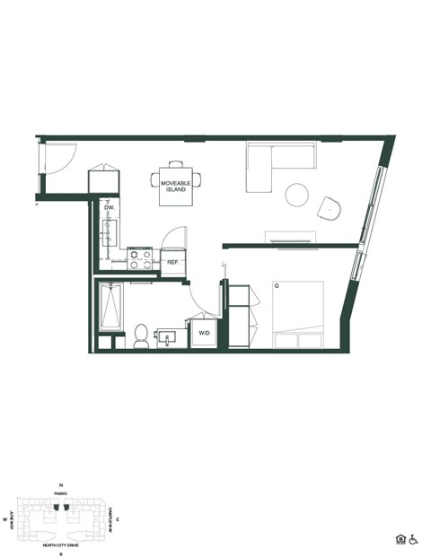 Floor plan for 1 bed, 1 bath, 568 sqft
