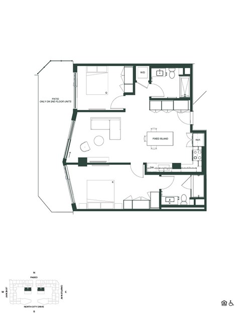 Floor plan for 2 beds, 2 baths, 944 sqft