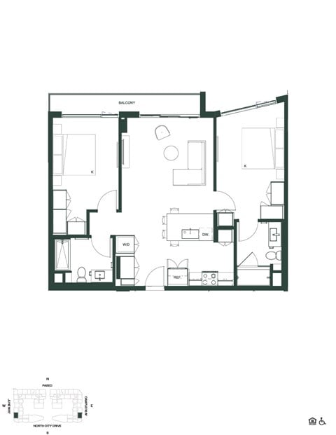 Floor plan for 2 beds, 2 baths, 949 sqft
