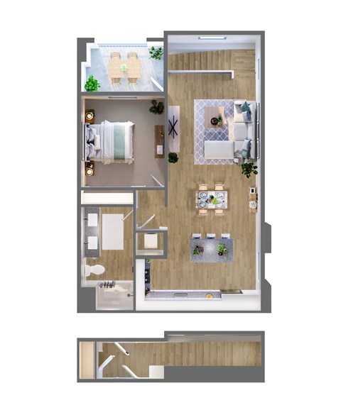 Floor plan for 1 bed, 1 bath, 957 sqft