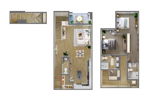 Floor plan for 2 beds, 2.5 baths, 1383 sqft
