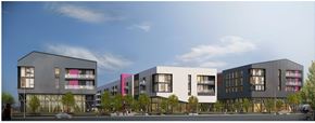 Los Angeles apartment for rent - A modern building complex with a mix of black and white facades.