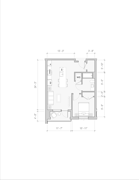 Floor plan for 1 bed, 1 bath, 825 sqft