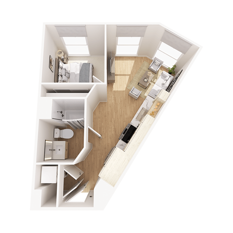 Floor plan for 1 bed, 1 bath, 570 sqft