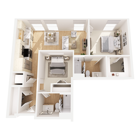Floor plan for 2 beds, 2 baths, 880 sqft