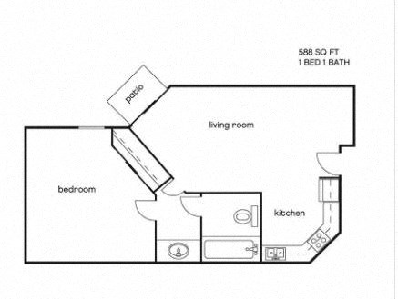 Floor plan for 1 bed, 1 bath, 588 sqft