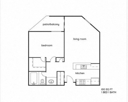 Floor plan for 1 bed, 1 bath, 613 sqft