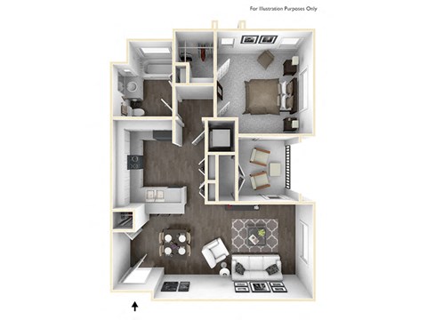 Floor plan for 1 bed, 1 bath, 690 sqft