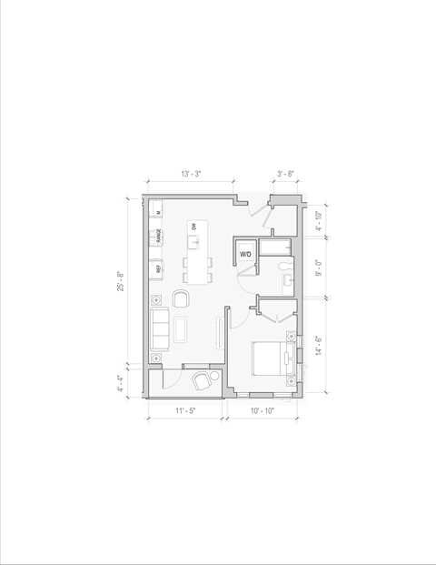 Floor plan for 1 bed, 1 bath, 701 sqft