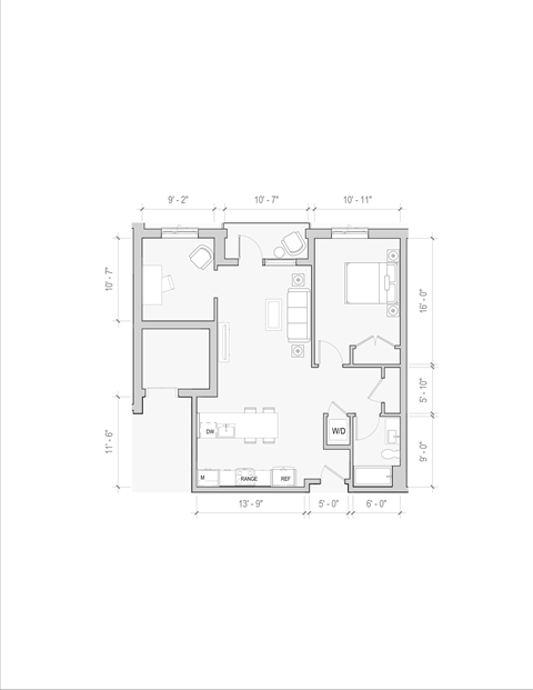 Floor plan for 1 bed, 1 bath, 910 sqft