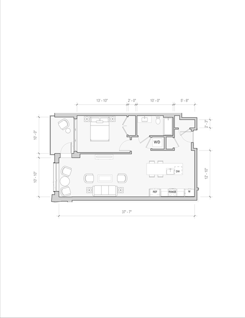 Floor plan for 1 bed, 1 bath, 885 sqft