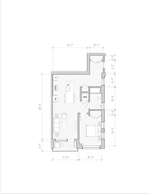 Floor plan for 1 bed, 1 bath, 835 sqft