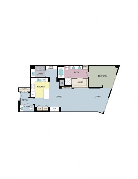 Floor plan for 1 bed, 1.5 baths, 1288 sqft