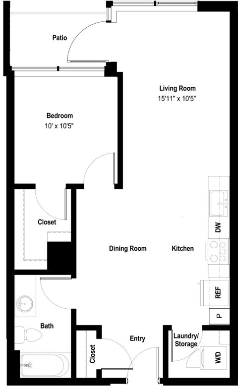 Floor plan for 1 bed, 1 bath, 730 sqft