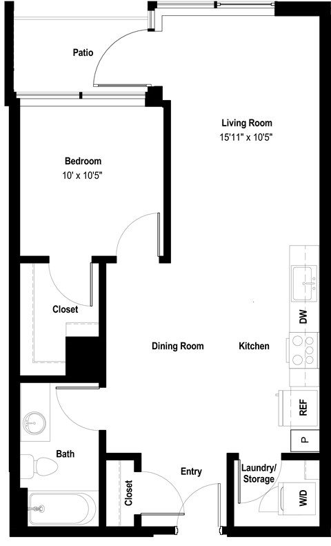 Floor plan for 1 bed, 1 bath, 751 sqft