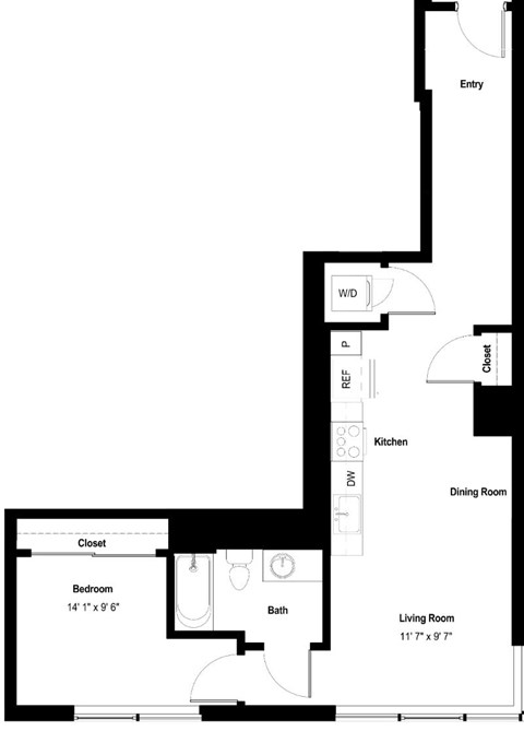 Floor plan for 1 bed, 1 bath, 757 sqft